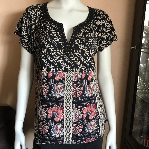 Lucky Brand Tops - Lucky Brand Boho Floral Navy Blue Blouse Large